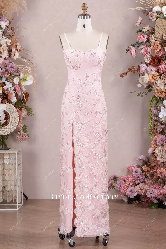 TIME-Limited Offer Pink Shimmer Lace Thin Strap Empire Column Scallped Slit Formal Dress
