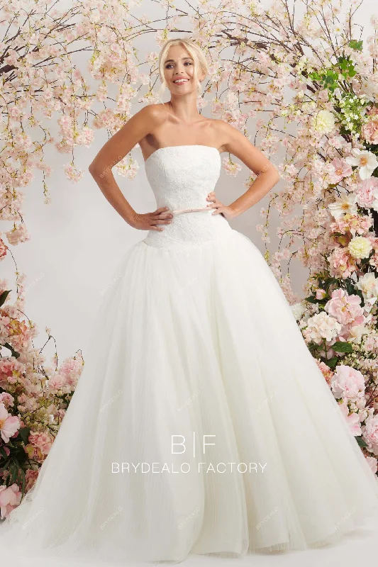 Shop and Save Strapless Lace Pleated Tulle Ball Gown Modern Drop Waist Wedding Dress