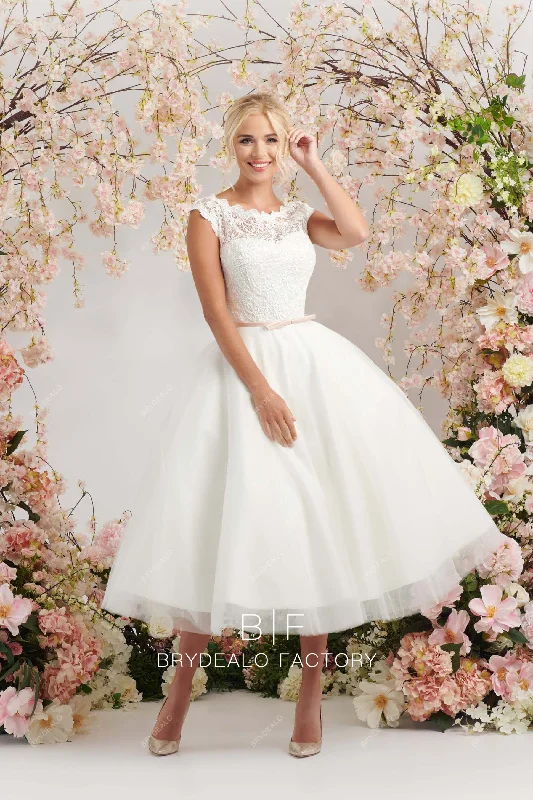Closeout Illusion Neck Vintage Tea-Length Keyhole Back 1950s Lace Bridal Dress