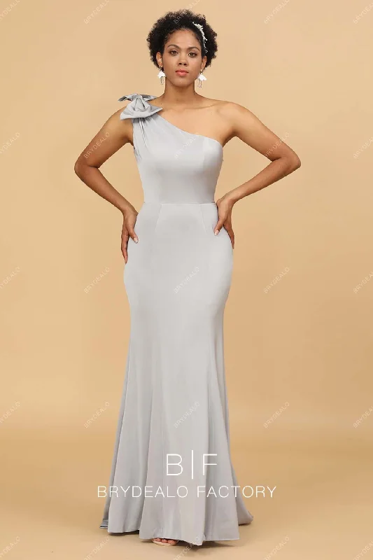 Discount Mania Silver Bow One Shoulder Mermaid Satin Evening Bridesmaid Dress