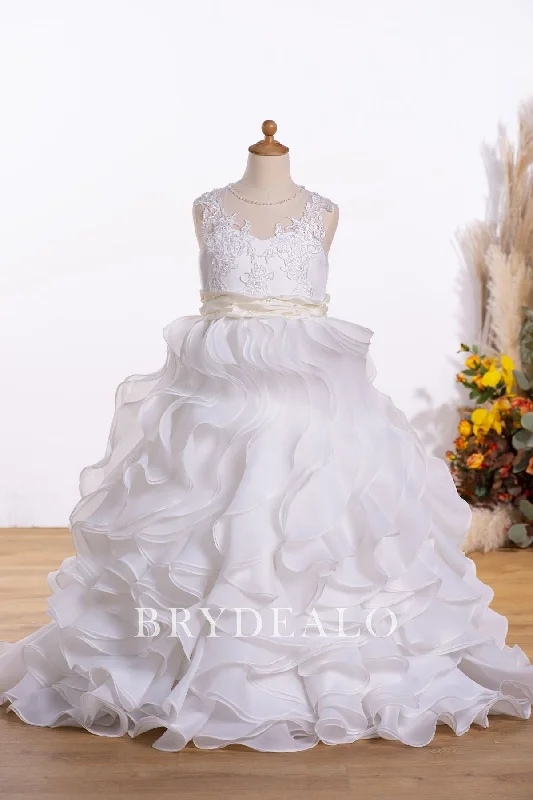 Special Discount Ivory Lace Pearls Ruffled Long Flower Girl Dress