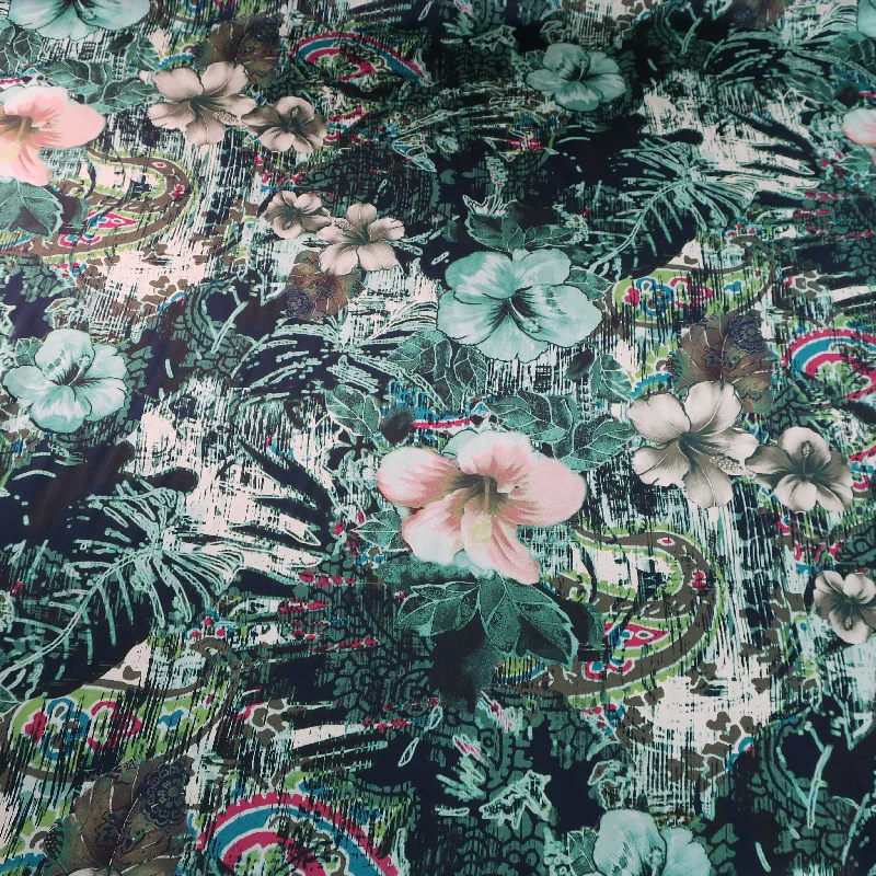 Exclusive Savings Green Hibiscus Printed Silk Charmeuse Fabric