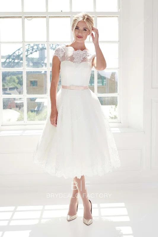 Limited Availability Illusion Neck Vintage Lace Tea Length Informal Wedding Ball Gown Limited Availability Illusion Neck Vintage Lace Tea Length Informal Wedding Ball Gown