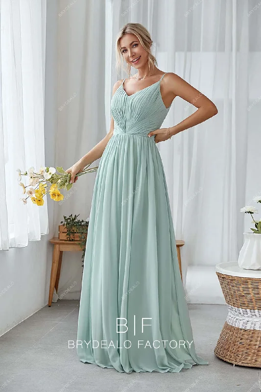 Bargain Prices Mint Green Ruched V-neck Spaghetti Straps Chiffon Bridesmaid Gown
