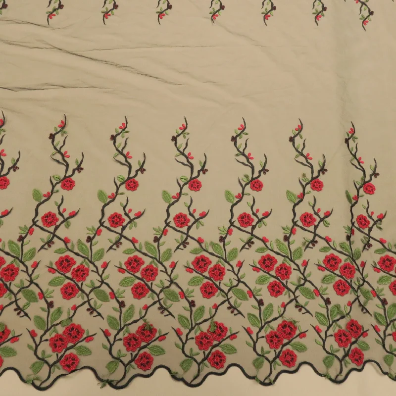 Can't Miss Black, Red and Green Floral Double Scalloped Embroidered Tulle Fabric