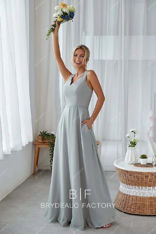 Markdown Madness Grey Keyhole Back Floor Length Chiffon Pockets Bridesmaid Dress