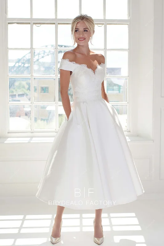 Super Bargain Off Shoulder Elegant Lace Satin Pockets Tea Length Bridal Dress
