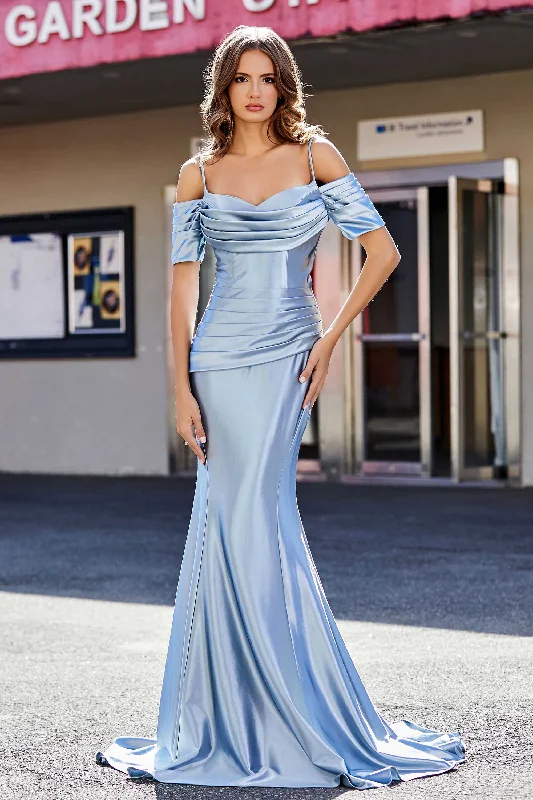 Warehouse Sale Off Shoulder Pleated Stretch Satin Gown