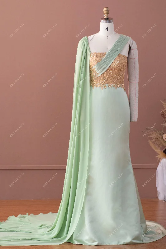 Steals and Deals One Shoulder Gold Lace Sage Satin Bowknot Formal Dress with Cape