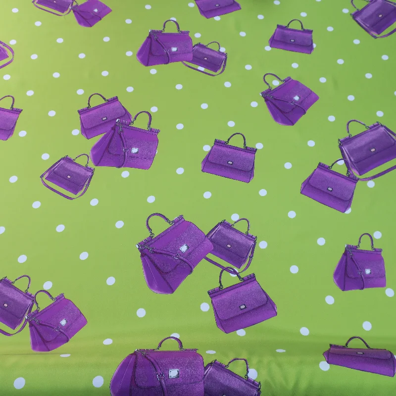 Referral Discount Purple Purses on Avocado Green Ground Printed Silk Charmeuse