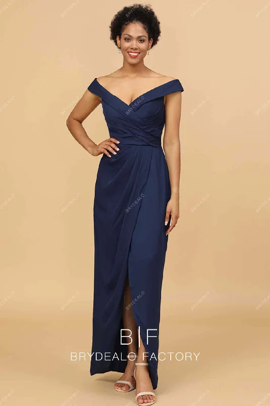 Super Sale Navy Blue Off Shoulder Slit Chiffon Bridesmaid Formal Dress