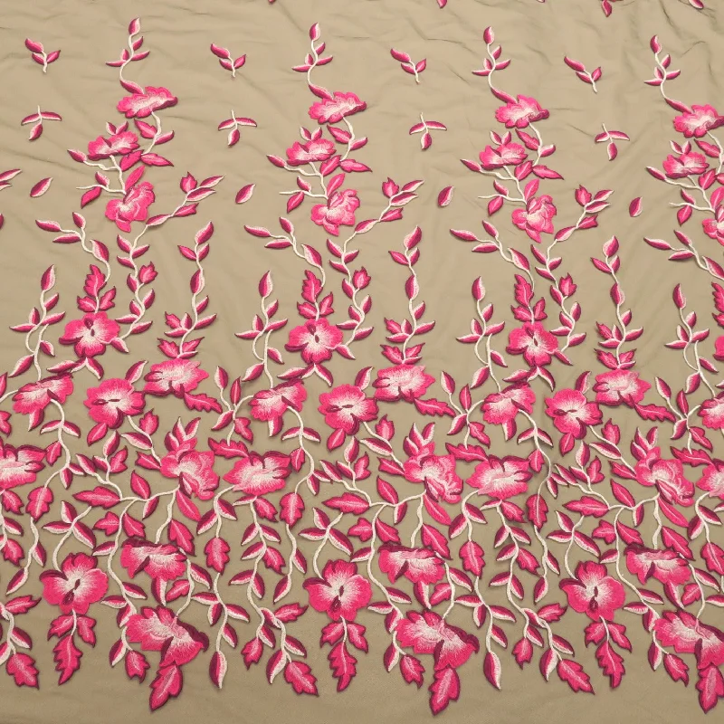 New Deals Black with Fuchsia Floral Embroidered Tulle Fabric