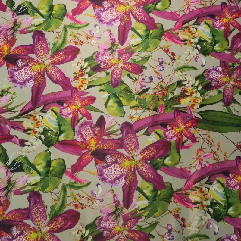 Price Fest Green and Magenta Floral on a Nude Background Printed Polyester Mikado Fabric