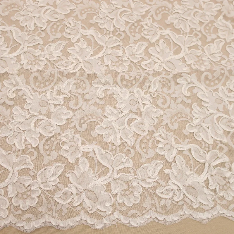 Limited Availability Off White Floral Embroidered Double Scalloped Lace