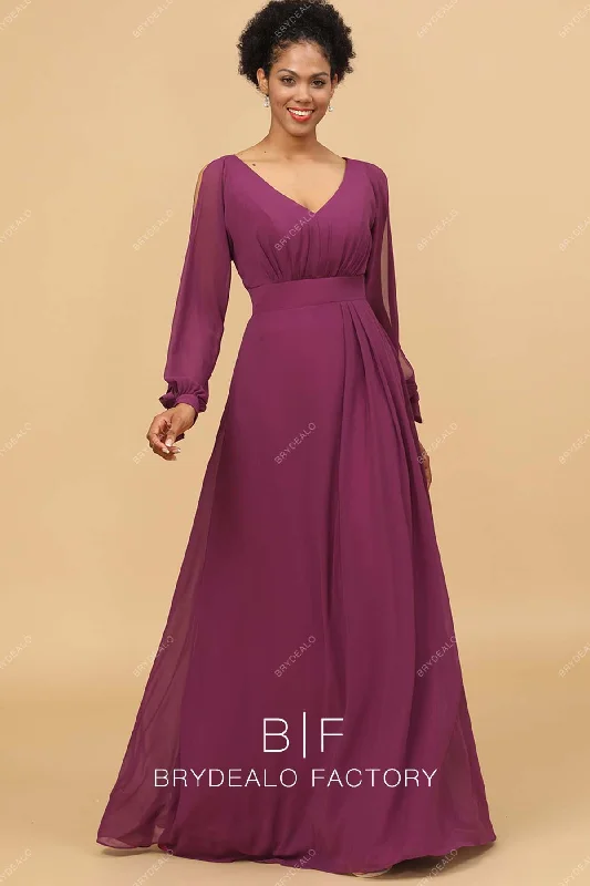 Discount Days Raspberry Chiffon Slit Long Sleeves V-neck Bridesmaid Dress