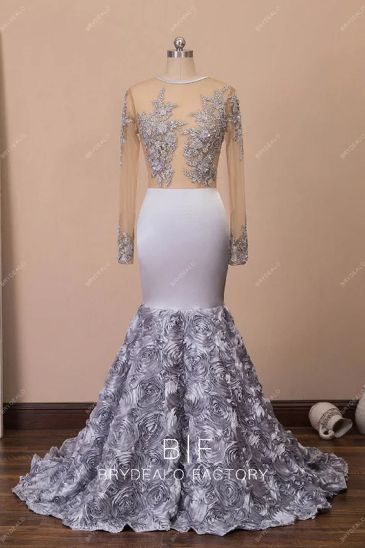 Must-Have Deals Illusion Beaded Lace Bodice 3D Rose Train Mermaid Prom Dress