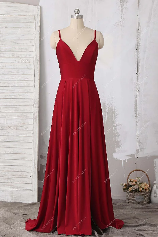 Sale Event Burgundy Jersey Spaghetti Straps Slit Prom Dress