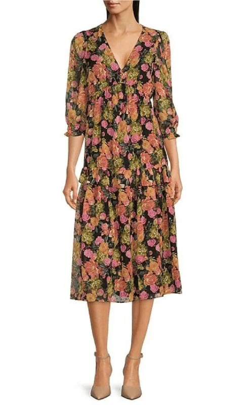 Markdown Madness Maison Tara 91791M - Floral Printed Quarter Sleeve Dress