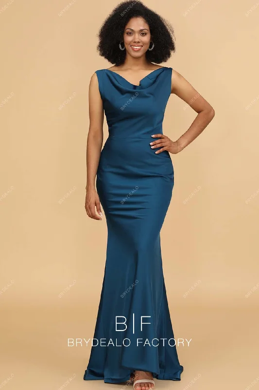 Price Break Ink Blue Satin Cowl Neck Bridesmaid Formal Dress