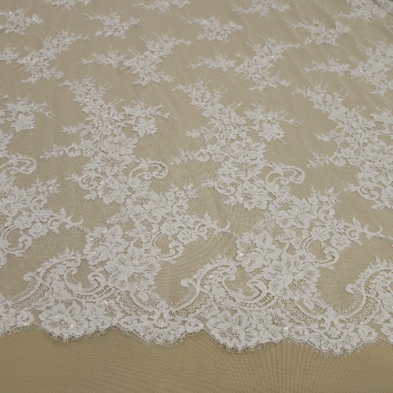 Season Finale Sale White Floral Embroidered Pearl and Bugle Beaded Double-Scalloped Lace