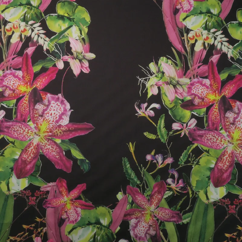 Price Rollback Pink Floral on Black Background Printed Polyester Mikado Fabric