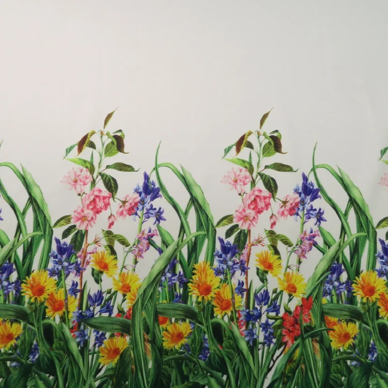 Shop and Save Green Floral on White Printed Polyester Mikado Fabric