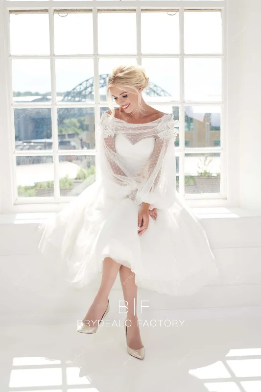 Year-End Sale Off-shoulder Pouf Sleeve Dot Tulle Boho Short Wedding Dress