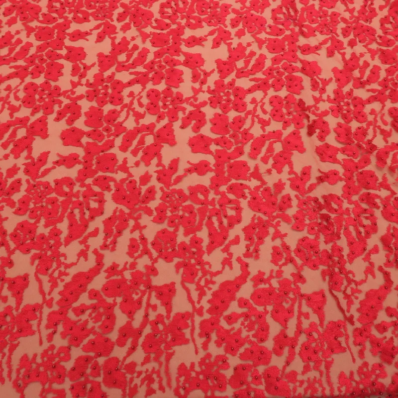 Take Advantage Red Tulle with Red Pearls Abstract Embroidery Fabric