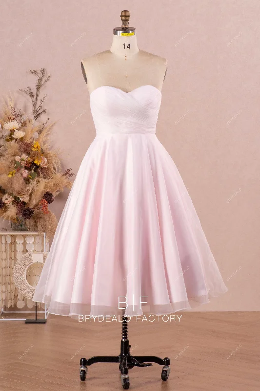 Bonus Savings Ruched Organza Strapless Tea-Length Blush Tea Length Bridal Dress