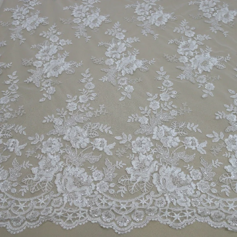Great Deals Off White Floral Embroidered Sequins Double-Scalloped Lace