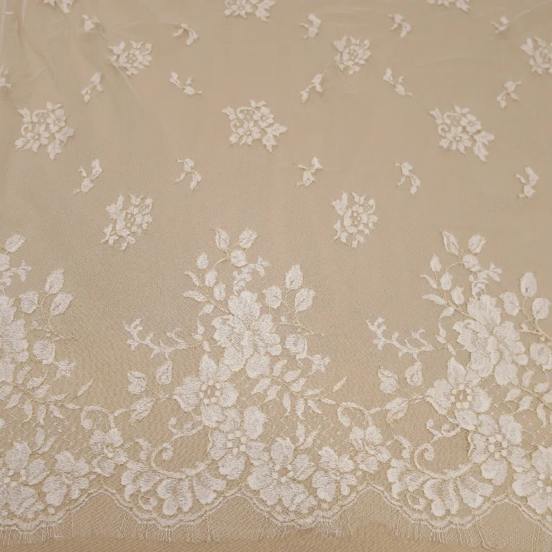 Exclusive Offers White and Gold Embroidered Chantilly Floral Single Scalloped Lace Solstiss