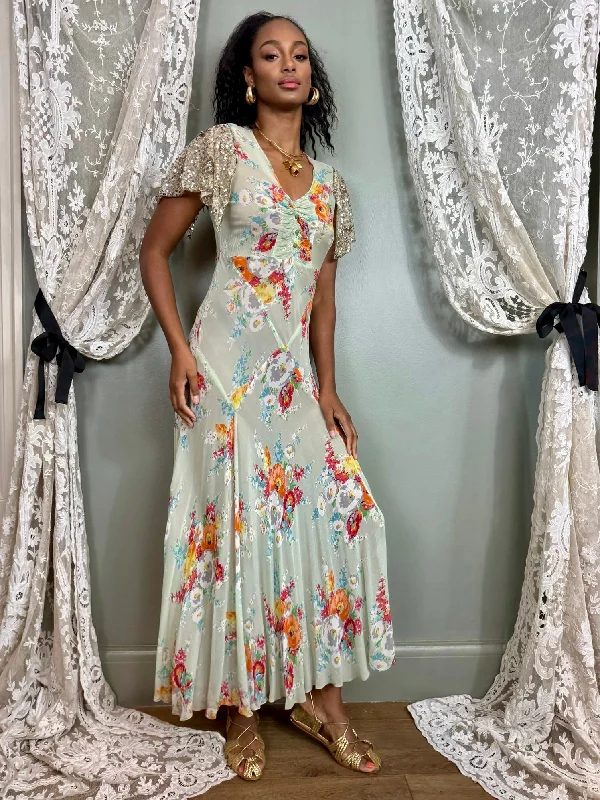 Holiday Sale Claude, 30s silk chiffon floral and sequins dress