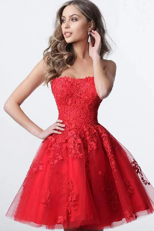 Clearance Items JVN by Jovani - JVN1830 Strapless Floral Lace Applique Tulle Cocktail Dress