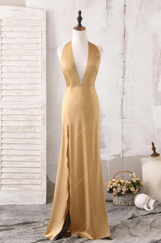 Markdown Madness Gold Halter Plunging Open Back Evening Dress