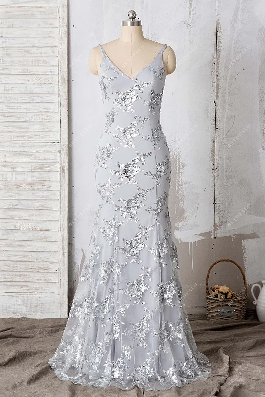Deal of the Day Silver Floral Glitter Sequin Gray Mermaid Prom Dress