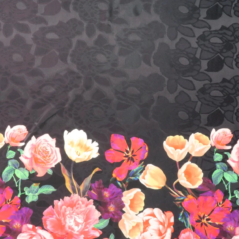 Massive Deals Pink Floral on Black Printed Polyester Mikado Fabric