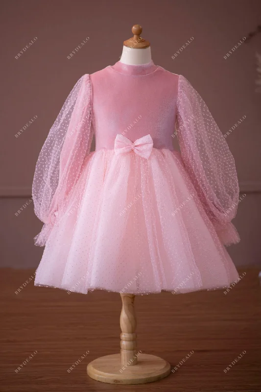 Price Rollback Candy Pink Velvet Dot Tulle Tea Length Flower Girl Dress