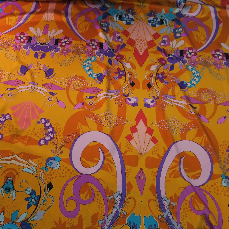 New Markdowns Purple Geometric Pattern on Orange Ground Printed Silk Charmeuse Fabric