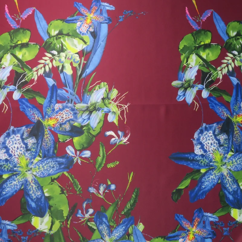 Price Reduction Purple Floral on Burgundy Background Printed Polyester Mikado Fabric