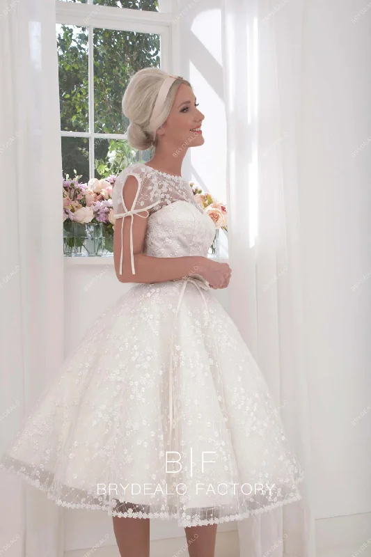 Low Prices Romantic Flowers Short Sleeves Tea Length Cute Bridal Dress