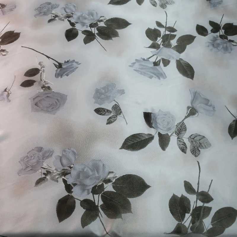 Value Deals Grey Roses on Silver Ground Silk Charmeuse Fabric