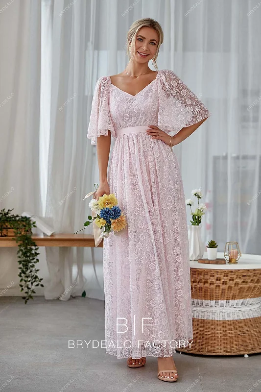 Members Only Pink Flutter Sleeves V-neck Lace A-line Long Bridesmaid Dress