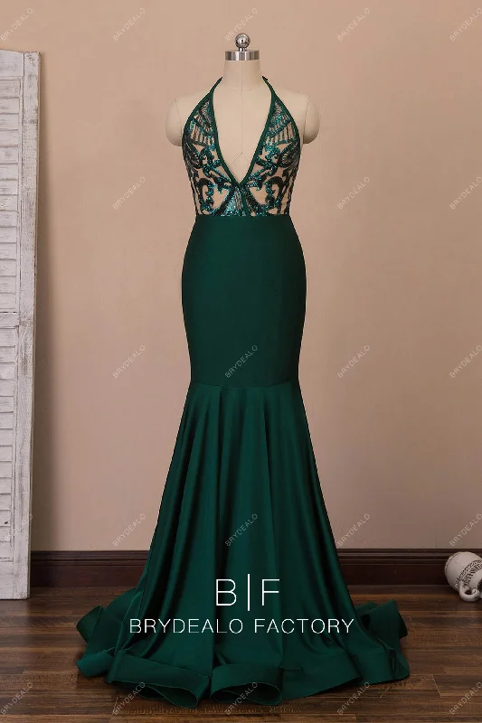 Bargain Prices Dark Green Halter Plunging Neck Mermaid Ruffled Prom Dress