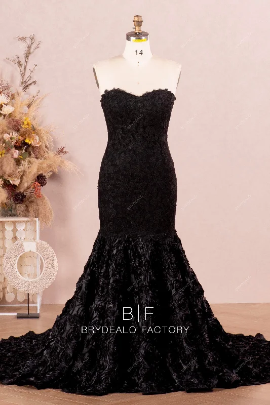 Daily Deals 3D Rose Black Lace Strapless Mermaid Prom Dress