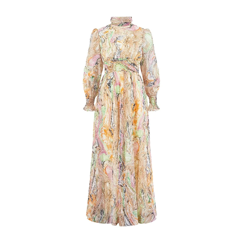 Big Discounts 1970s Colourful Marble Print Smocked Maxi Dress