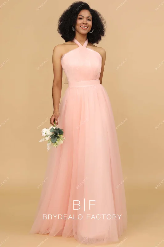 Midnight Madness Blushing Pink Wholesale Halter Neck Tulle A-line Bridesmaid Gown