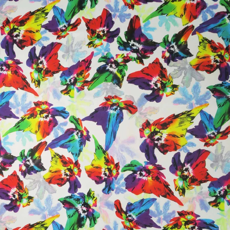 Price Break Multicolored Floral on a White Background Printed Polyester Mikado Fabric