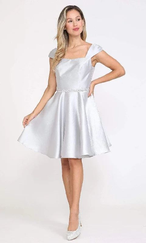 Bargain Prices Poly USA - 8416 Cap Sleeve Embellished Waist Short Dress