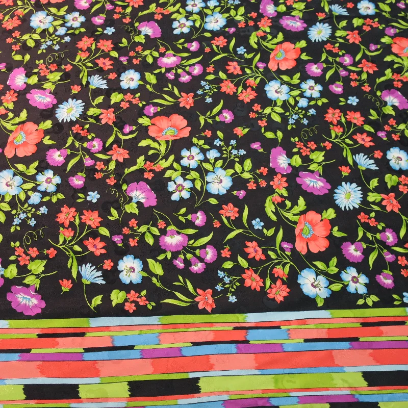 Anniversary Sale Red Purple and Light Blue Floral with a Black Background Silk Charmeuse Fabric