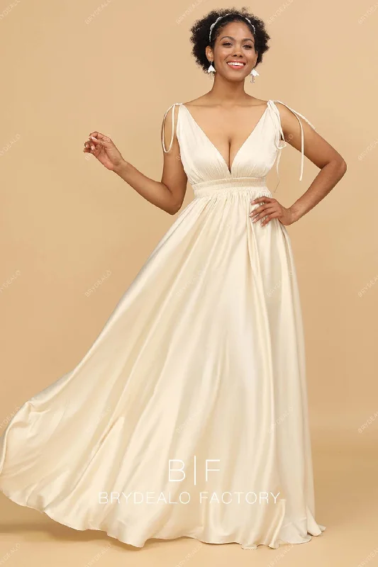 Price Smash Ivory Empire Waist V-neck Sleeveless Satin Bridesmaid Gown